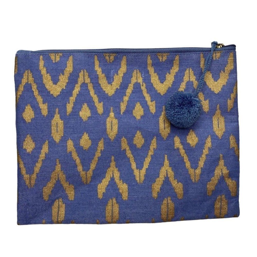 Mudpie Blue Gold Travel Pouch MakeUp Bag with Pom Pom